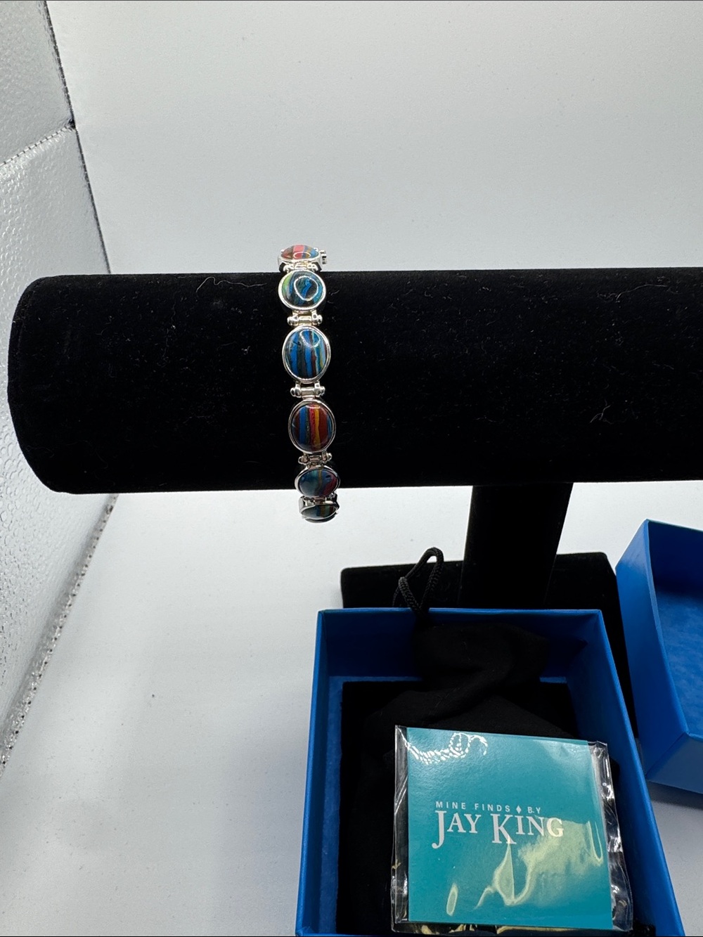 Jay King Blue Teal Coral Inlay Sterling-Style Stretch Bracelet